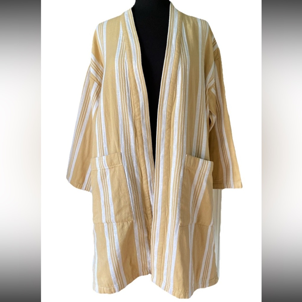 Eileen Fisher Petite M/L Striped Organic Cotton Kimono Jacket in Reed Yellow